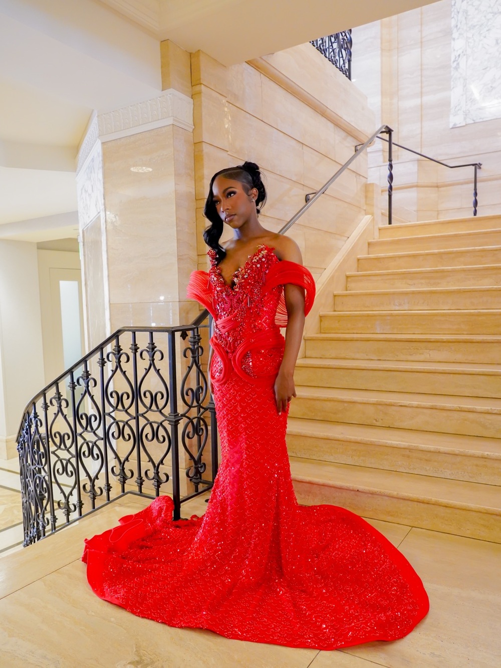 Elegant Red Off-Shoulder Sequin Evening Gown
